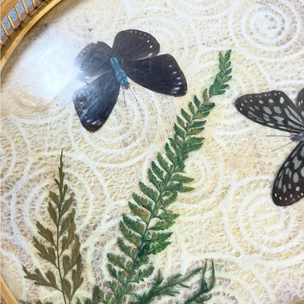 Vintage Round Pressed Butterfly Bar‎ Tray & Coaster Set Bamboo fern leaf retro